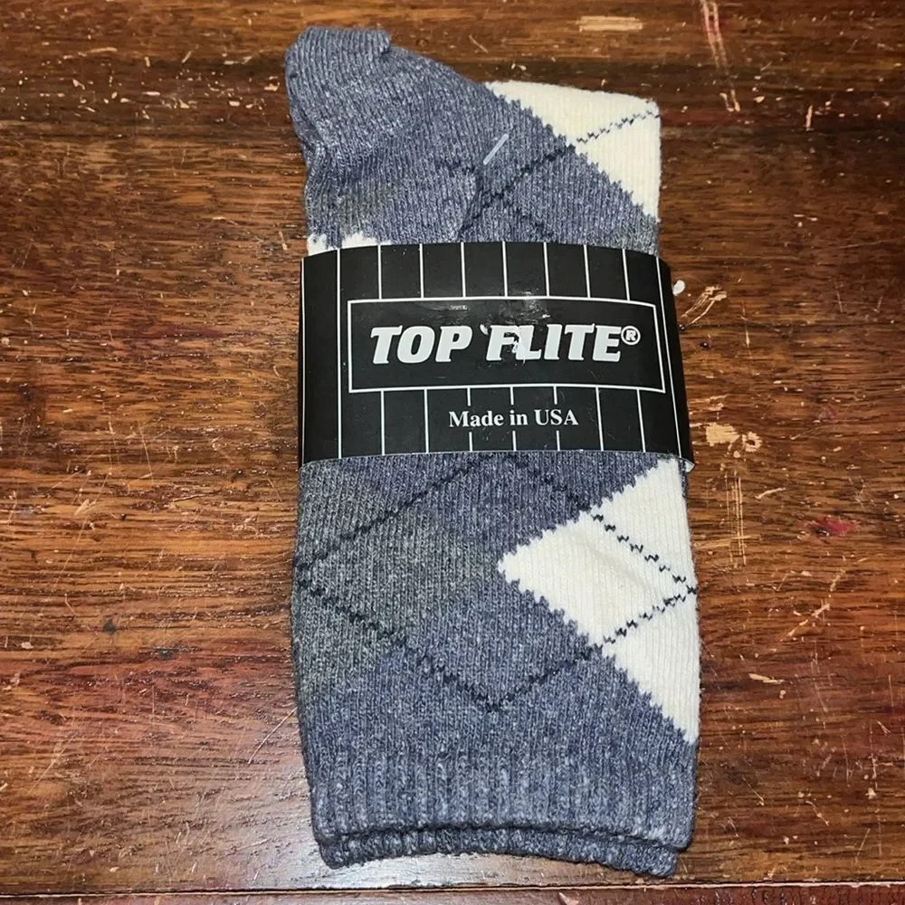 Vintage Top Flite classic Crew Argyle Golf Casual Gray White Made in USA Socks